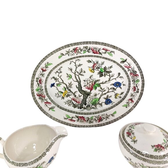 Johnson Brothers Indian Tree Green Key Platter Creamer Sugar Bowl Set Vintage Fl - Picture 16 of 16